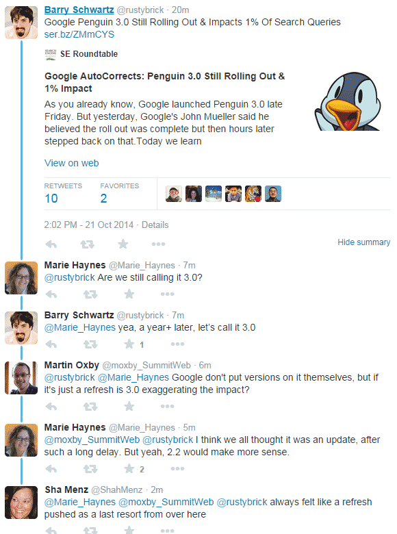 Screenshot taken from twitter conversation about Penguin 3.0 between many search influencers and webmasters