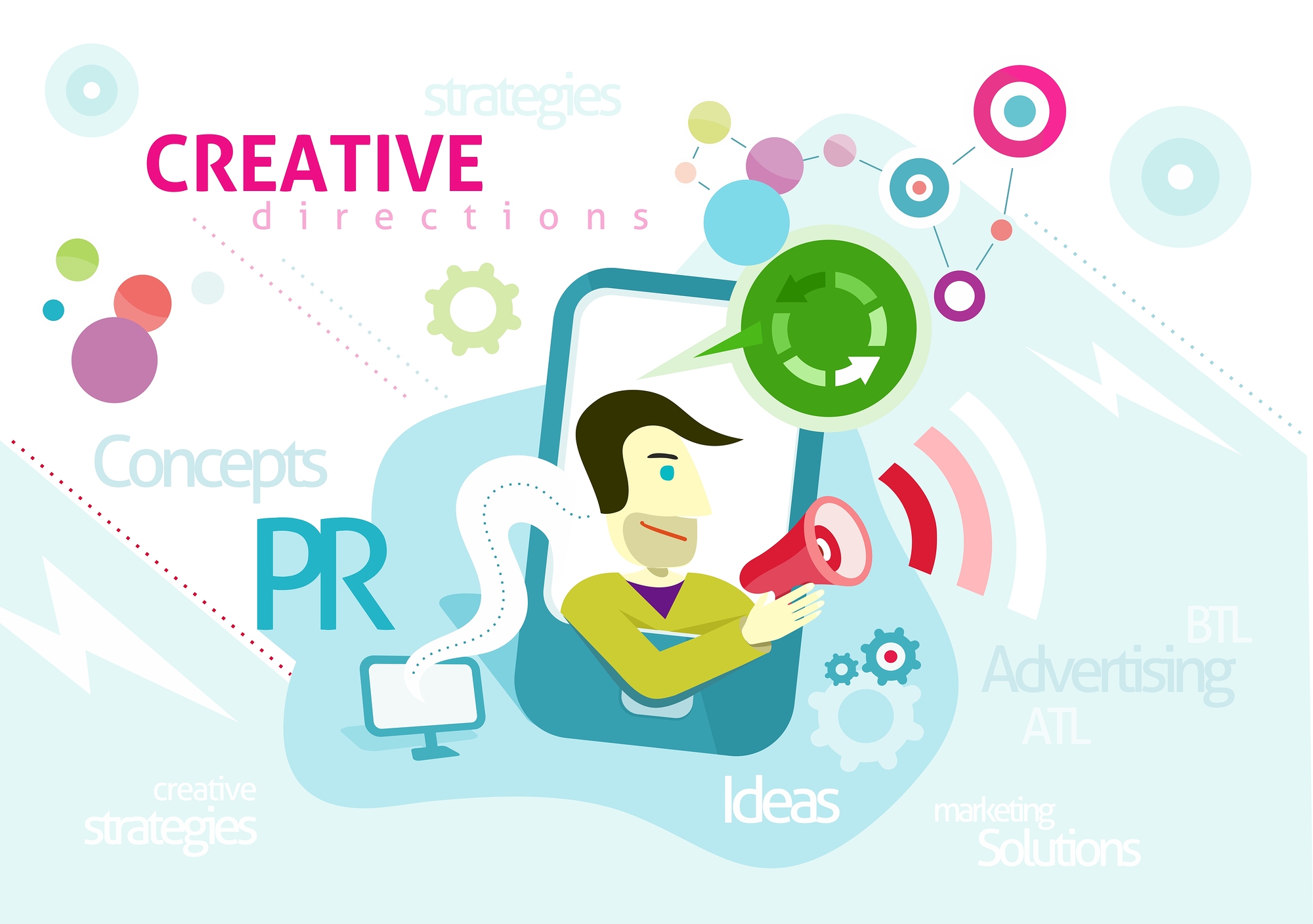 Advertising concept with words PR creative strategies ideas solution. Man looks out of smartphone is holding megaphone from which sounds advertising in cartoon design style